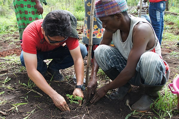 A Tanzanian resident and Yamaha staff member planting grenadilla saplings together.