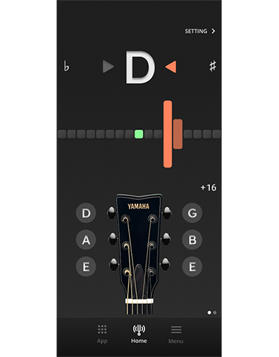 Easy-to-understand preset tuner with guitar image and easy-to-read indicators