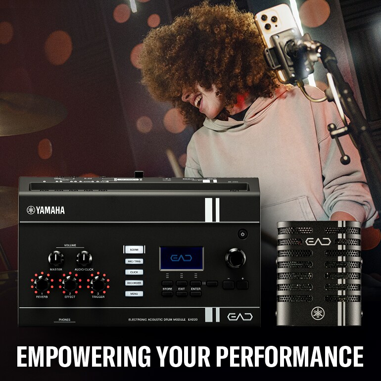 Drummer performing with Yamaha EAD20, demonstrating enhanced acoustic drum sound, monitoring, and hybrid performance capabilities.
