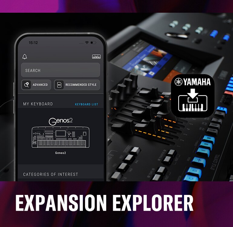Collage of photos of Yamaha Genos2 and a smartphone showing the home screen of EXPANSION EXPLORER, Yamaha's application for the Arranger Workstations