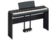 Diagonal side view of the P-125aB (black model) in combination with the optional stand and three-pedal pedal unit