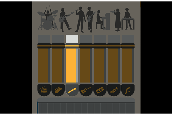 A screen capture of an audio source separated into different parts, such as guitars, vocals, drums, bass, pianos, and wind instruments.