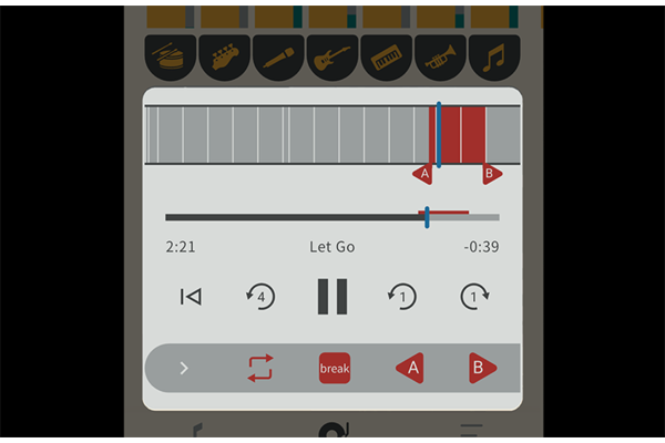 A screen captures of settings such as repeat playback, tempo adjustment, and key changes