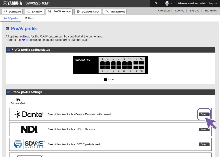 ProAV profile settings screen with Dante selected
